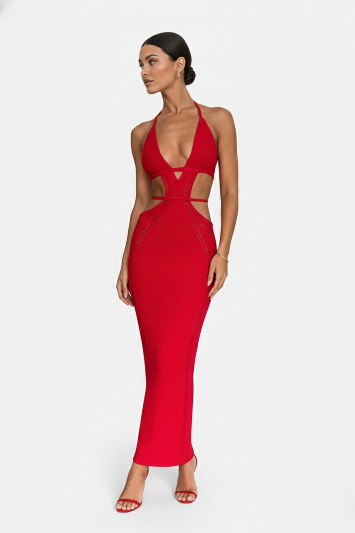 Crochet Cutout Halter Neck Backless Bodycon Maxi Dress 