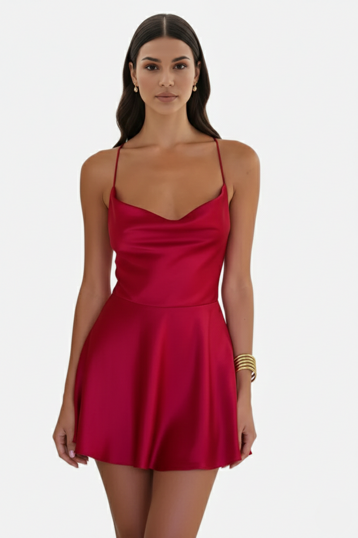 Satin Spaghetti Strap Tiered Mini Dress with Lace Up Back