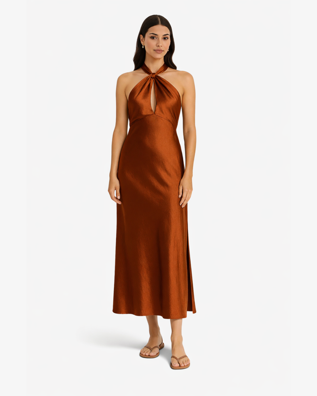 Crossover Halter Satin Maxi Dress Keyhole Side Slit