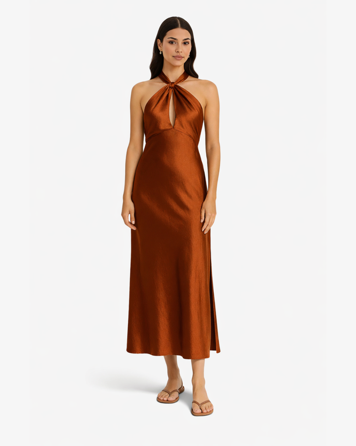 Crossover Halter Satin Maxi Dress Keyhole Side Slit