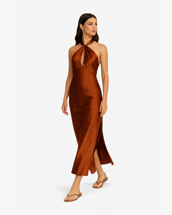 Crossover Halter Satin Maxi Dress Keyhole Side Slit