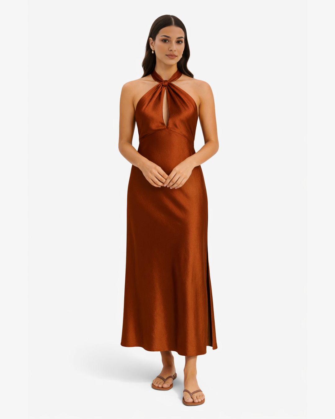 Crossover Halter Satin Maxi Dress Keyhole Side Slit
