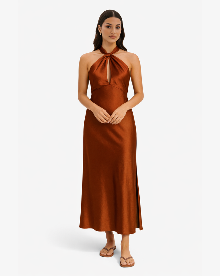Crossover Halter Satin Maxi Dress Keyhole Side Slit