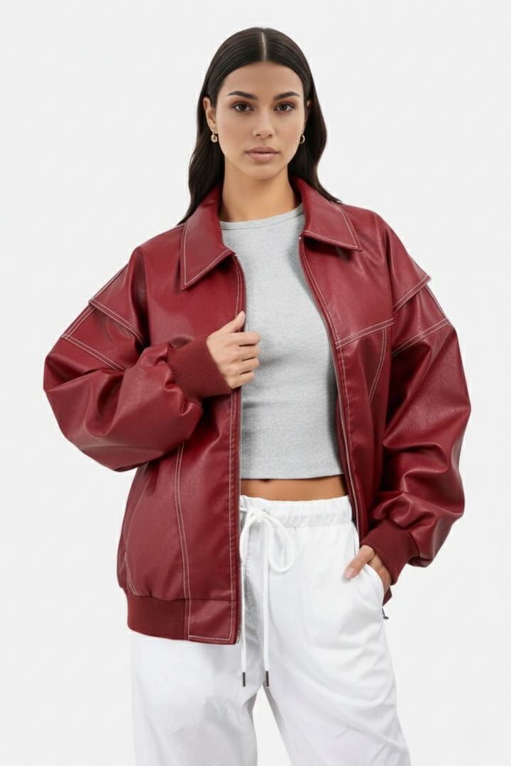 Faux Leather Zip Up Bomber Jacket with Ribbed Cuffs