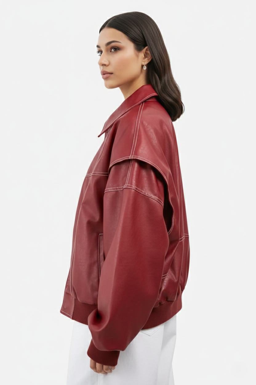 Faux Leather Zip Up Bomber Jacket with Ribbed Cuffs