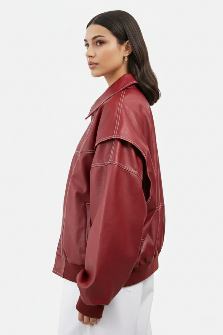 Faux Leather Zip Up Bomber Jacket with Ribbed Cuffs