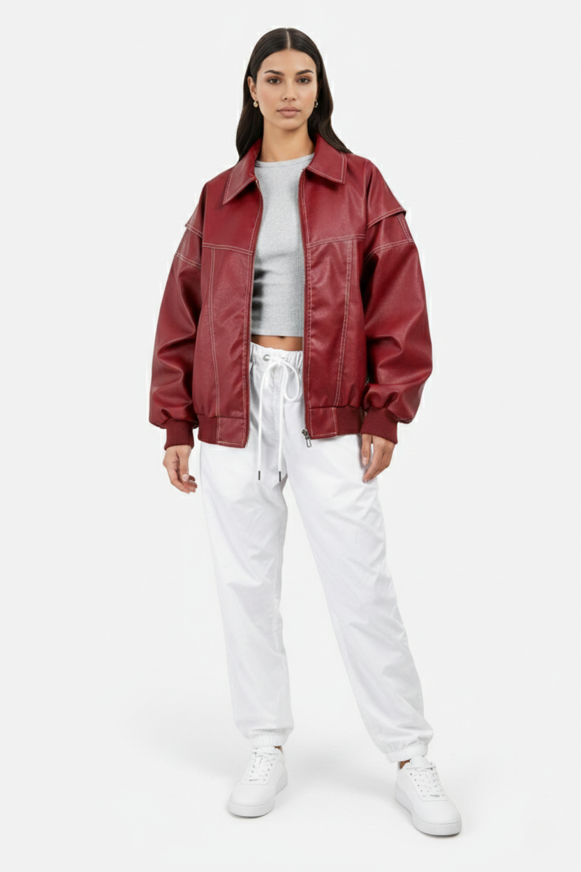 Faux Leather Zip Up Bomber Jacket with Ribbed Cuffs