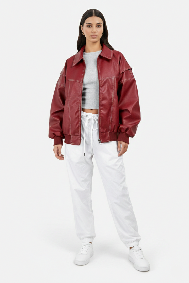 Faux Leather Zip Up Bomber Jacket with Ribbed Cuffs