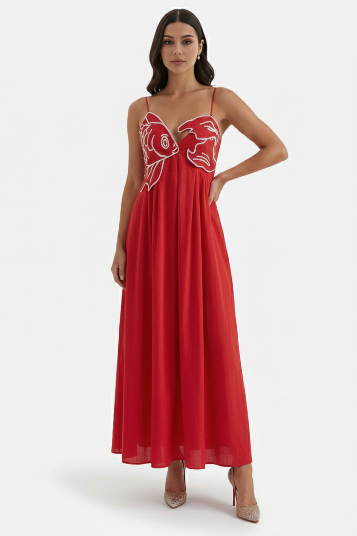 Summer Linen Dress Embroidered Fish Bodice A-Line with Spaghetti Straps