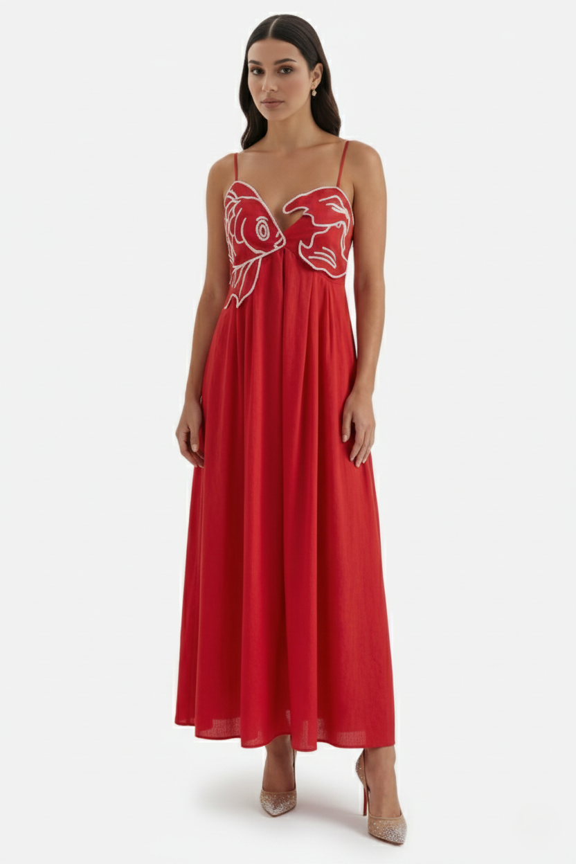 Summer Linen Dress Embroidered Fish Bodice A-Line with Spaghetti Straps