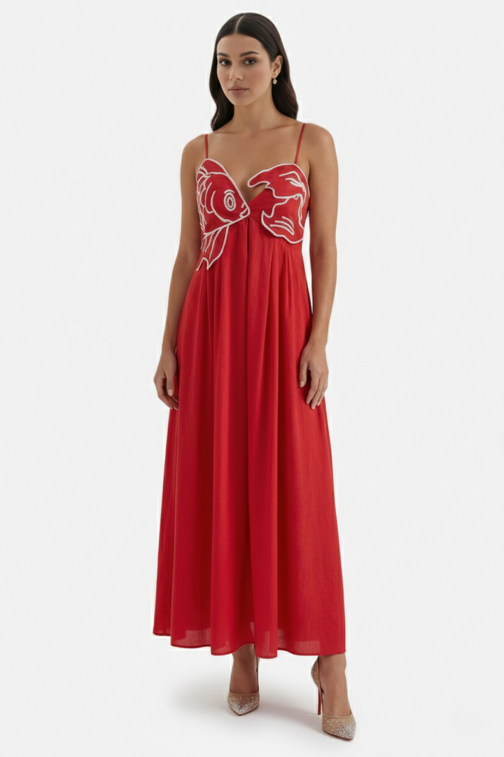 Summer Linen Dress Embroidered Fish Bodice A-Line with Spaghetti Straps
