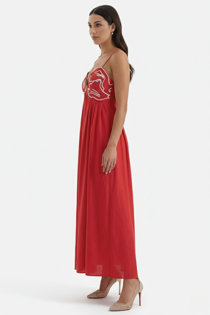 Summer Linen Dress Embroidered Fish Bodice A-Line with Spaghetti Straps