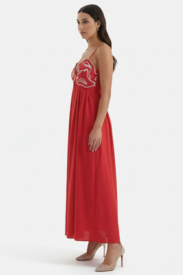 Summer Linen Dress Embroidered Fish Bodice A-Line with Spaghetti Straps