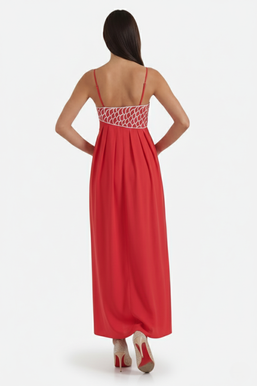 Summer Linen Dress Embroidered Fish Bodice A-Line with Spaghetti Straps