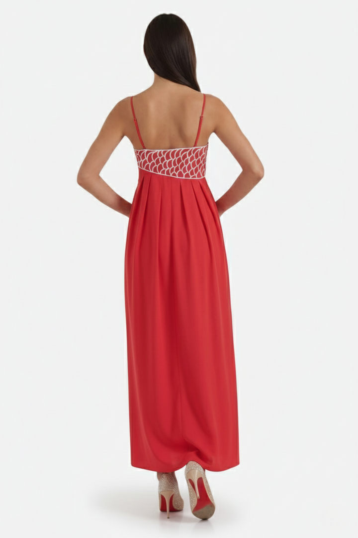 Summer Linen Dress Embroidered Fish Bodice A-Line with Spaghetti Straps