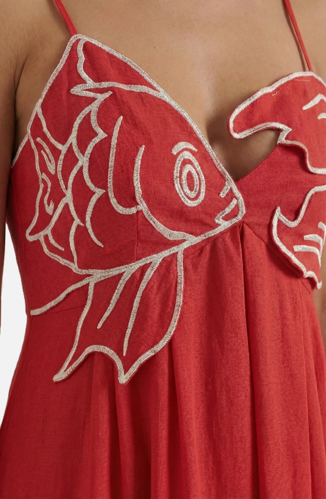 Summer Linen Dress Embroidered Fish Bodice A-Line with Spaghetti Straps