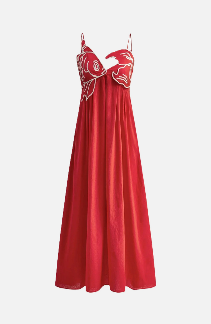 Summer Linen Dress Embroidered Fish Bodice A-Line with Spaghetti Straps