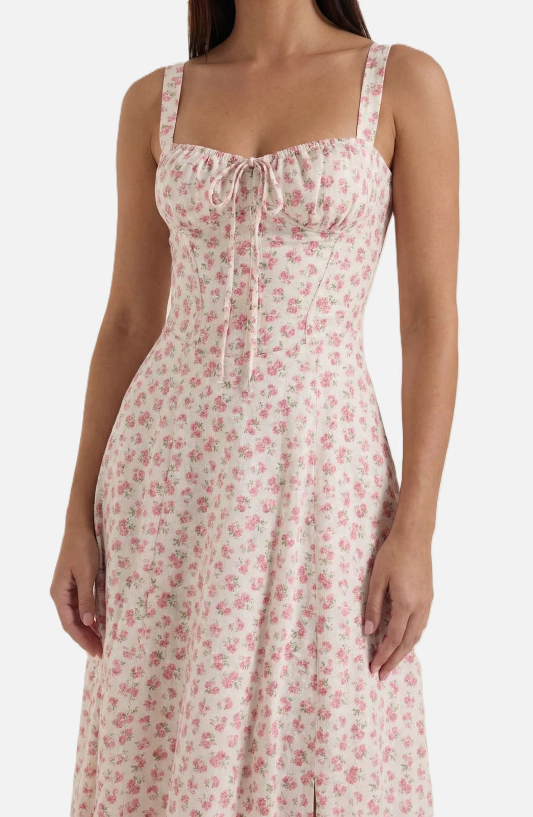 Midi Sundress Floral Print Ruched Bust Tie Front A-Line Skirt