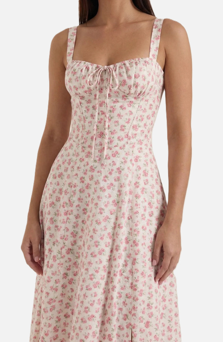 Midi Sundress Floral Print Ruched Bust Tie Front A-Line Skirt