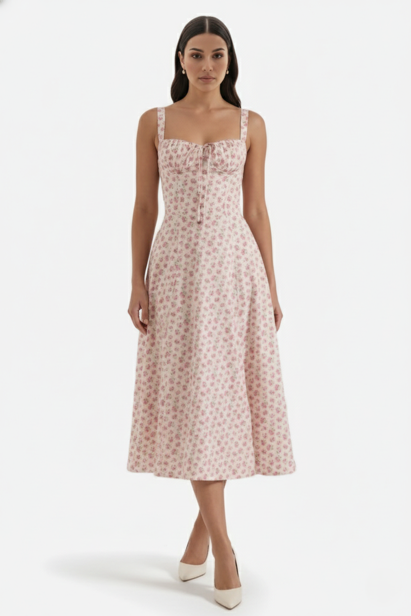 Midi Sundress Floral Print Ruched Bust Tie Front A-Line Skirt