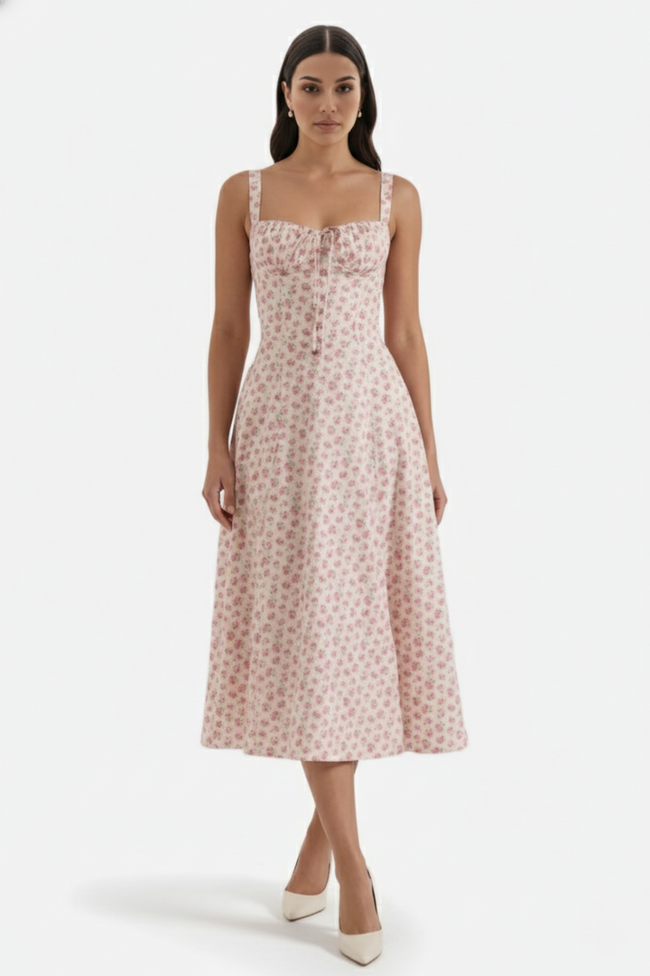 Midi Sundress Floral Print Ruched Bust Tie Front A-Line Skirt