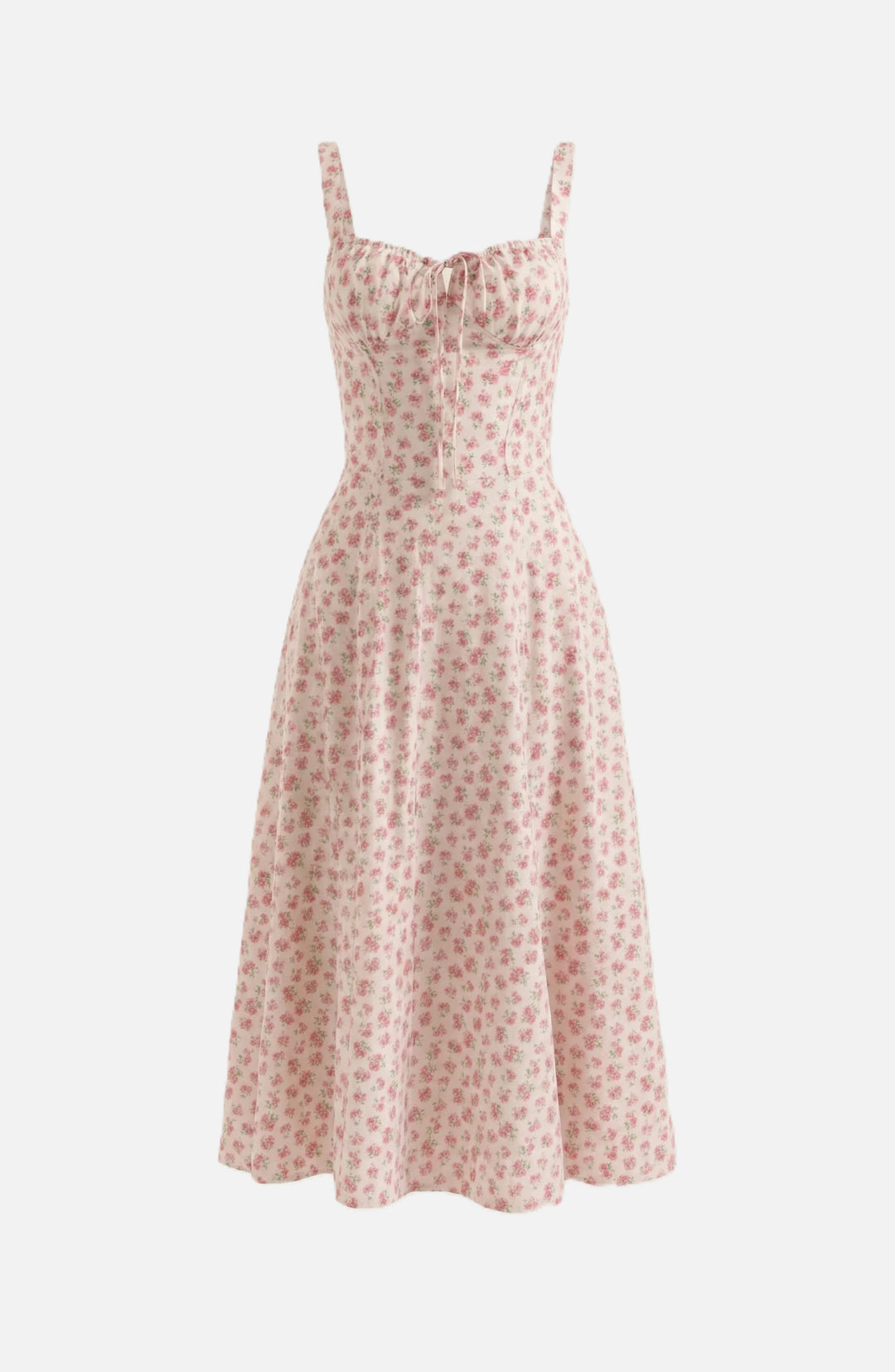 Midi Sundress Floral Print Ruched Bust Tie Front A-Line Skirt