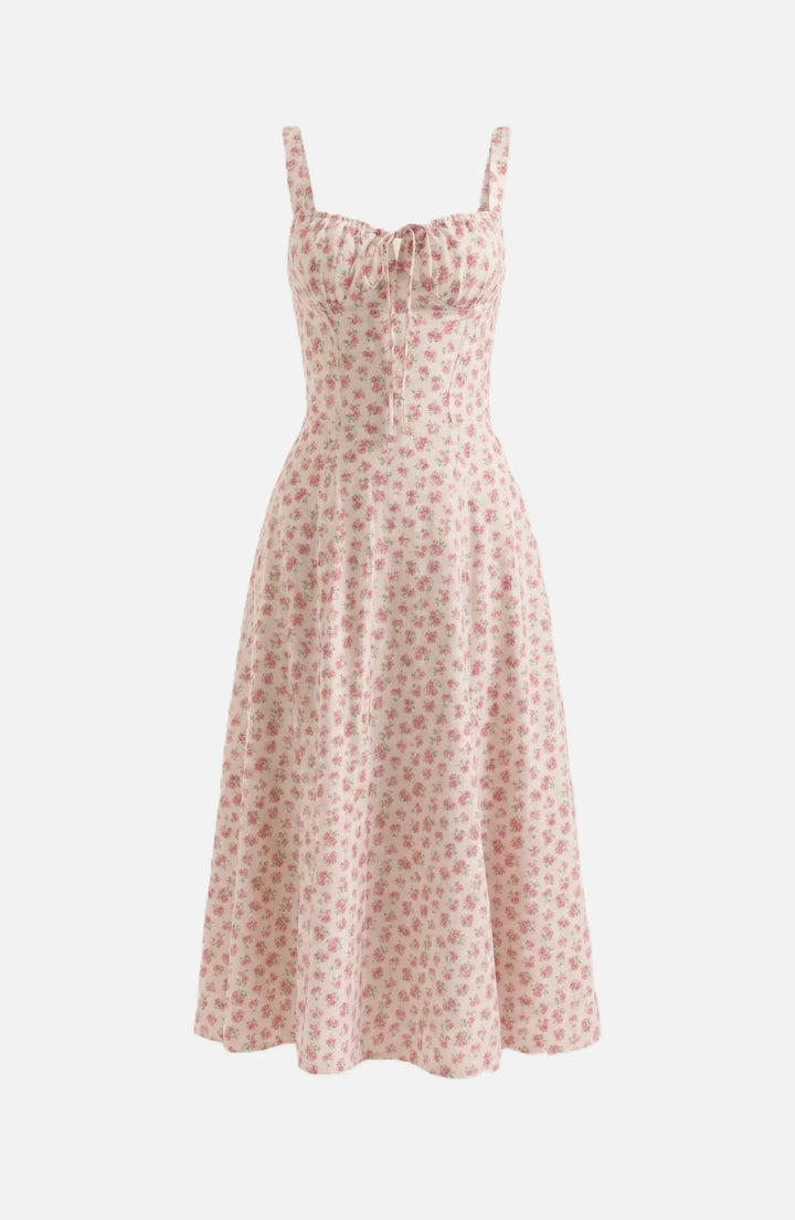 Midi Sundress Floral Print Ruched Bust Tie Front A-Line Skirt
