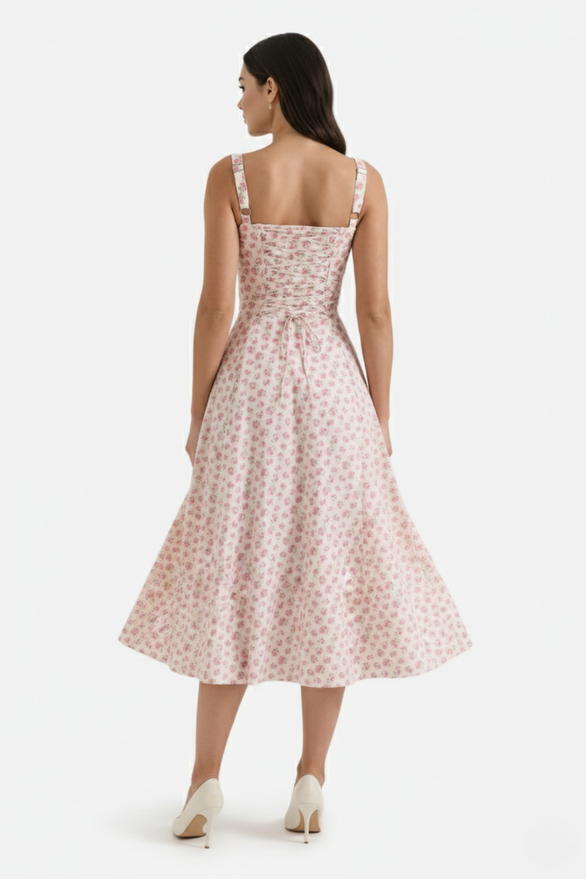 Midi Sundress Floral Print Ruched Bust Tie Front A-Line Skirt