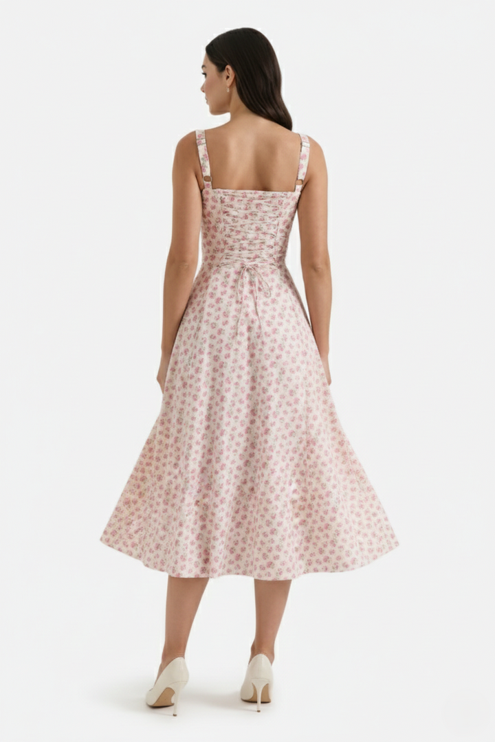 Midi Sundress Floral Print Ruched Bust Tie Front A-Line Skirt