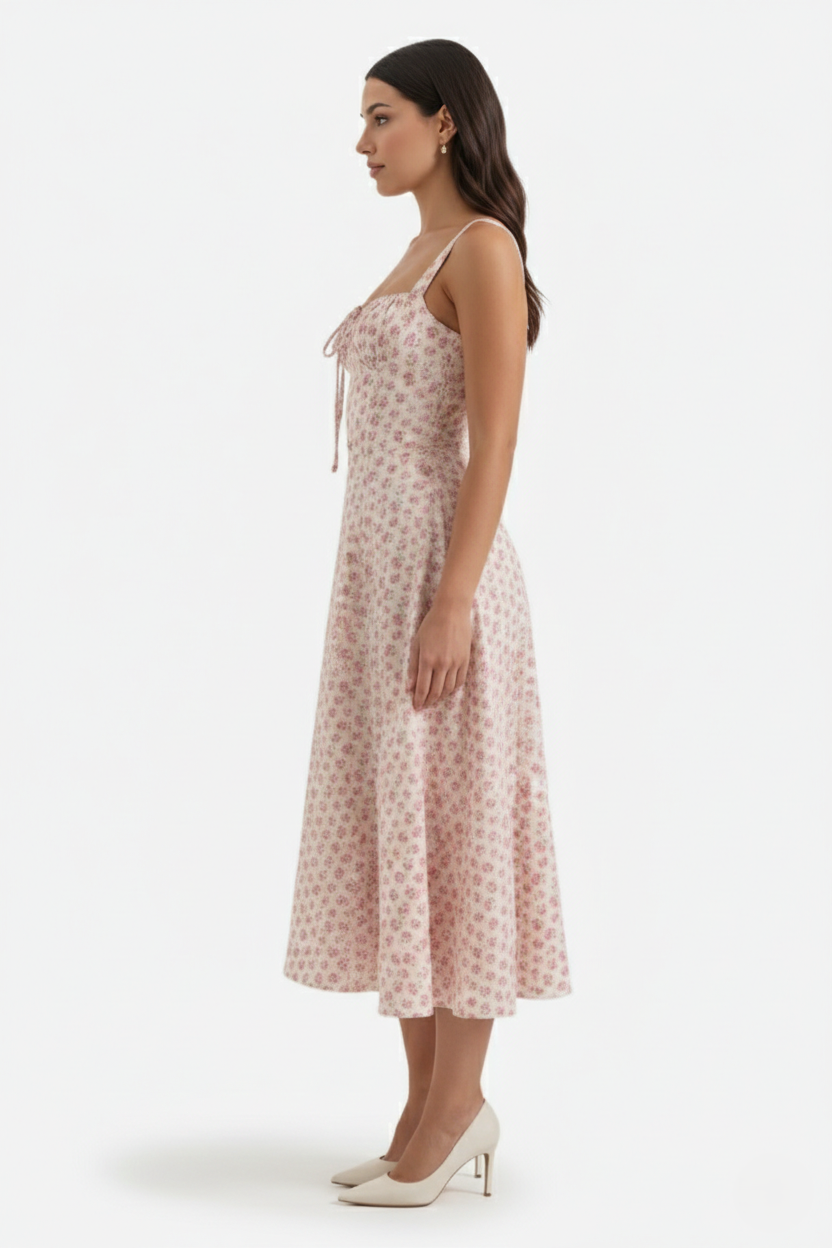 Midi Sundress Floral Print Ruched Bust Tie Front A-Line Skirt