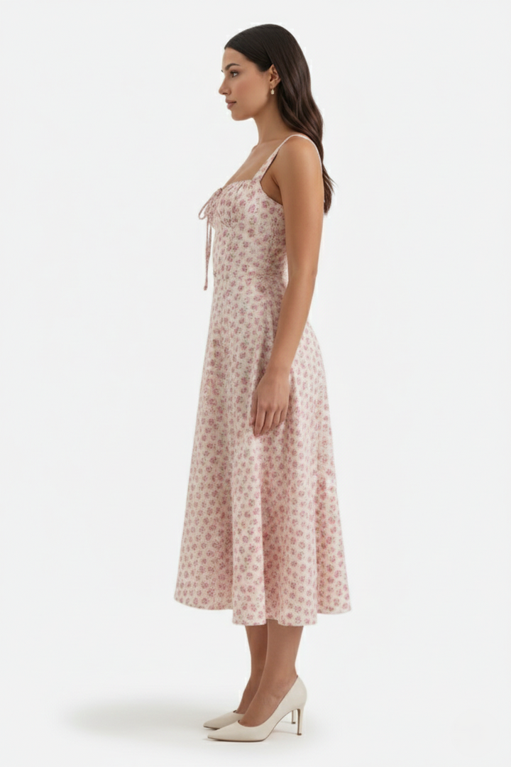 Midi Sundress Floral Print Ruched Bust Tie Front A-Line Skirt