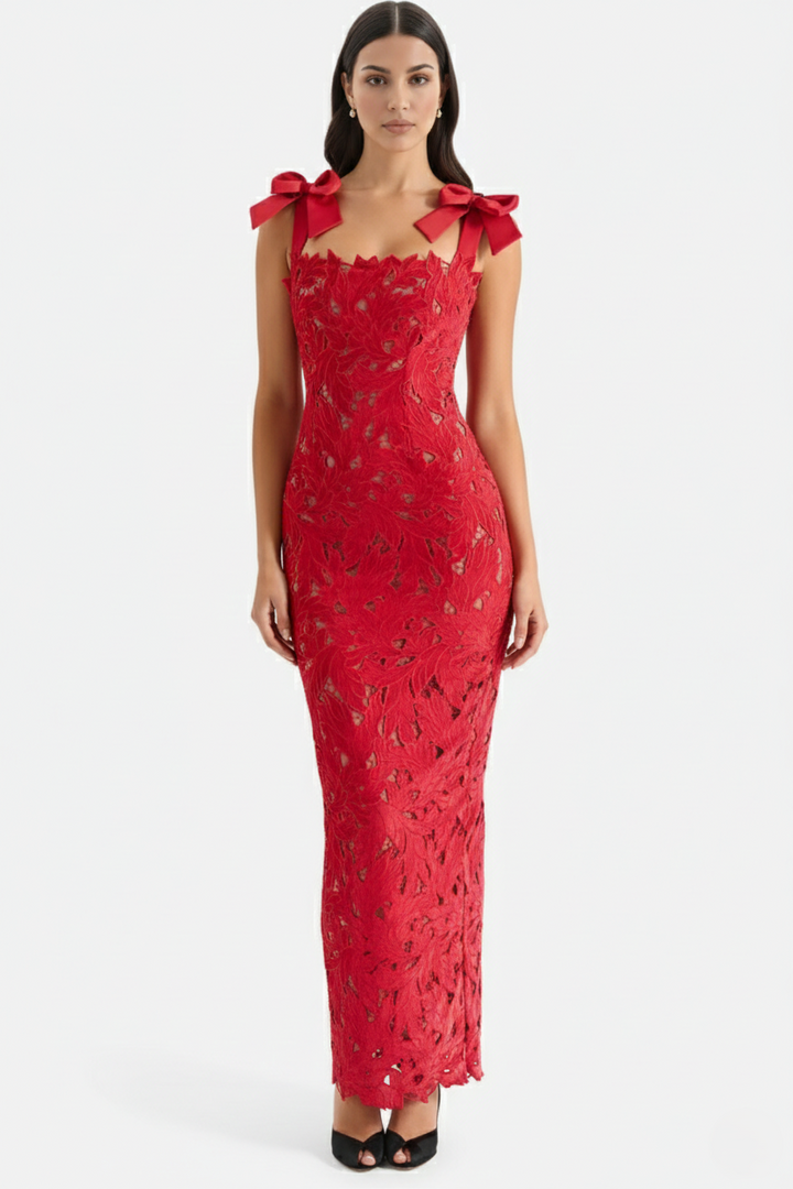 Lace Cutwork Bow Shoulder Bodycon Scalloped Hem Maxi Dress