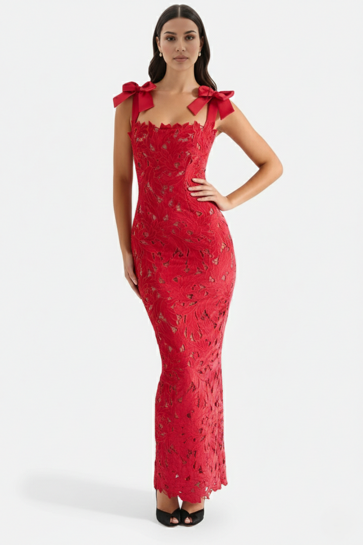 Lace Cutwork Bow Shoulder Bodycon Scalloped Hem Maxi Dress