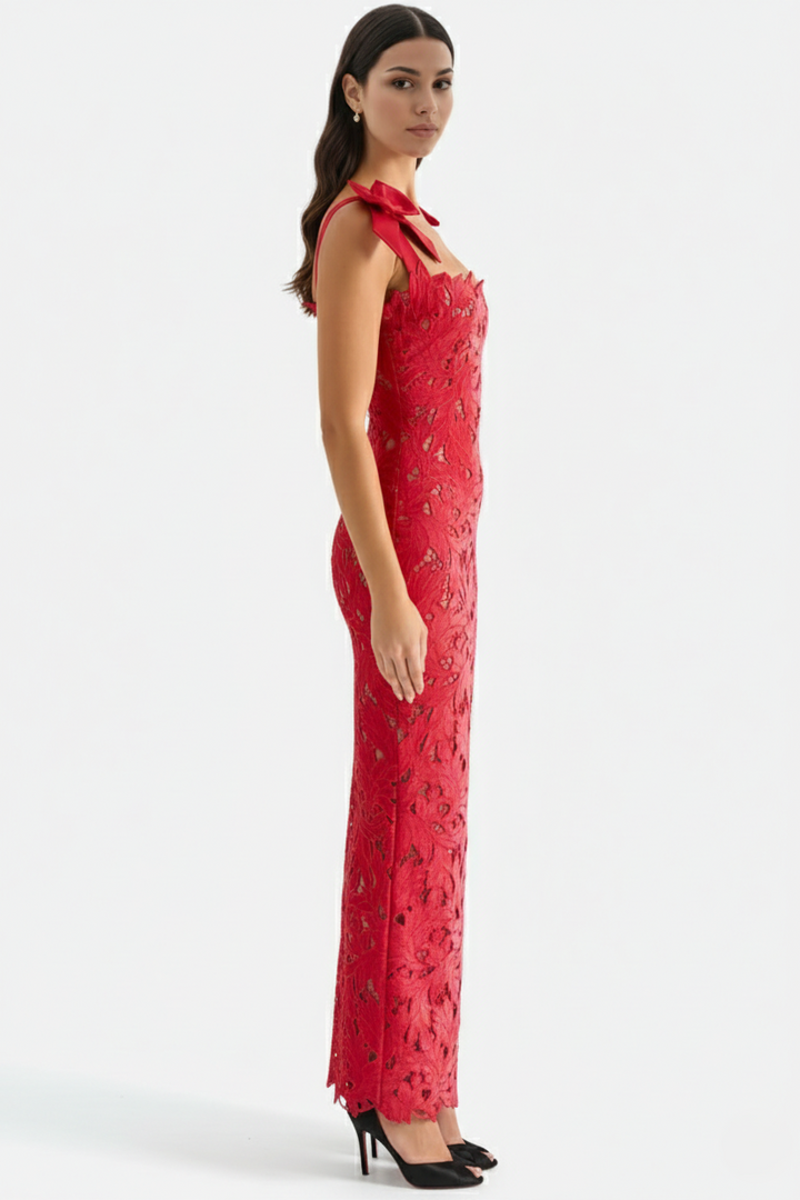 Lace Cutwork Bow Shoulder Bodycon Scalloped Hem Maxi Dress