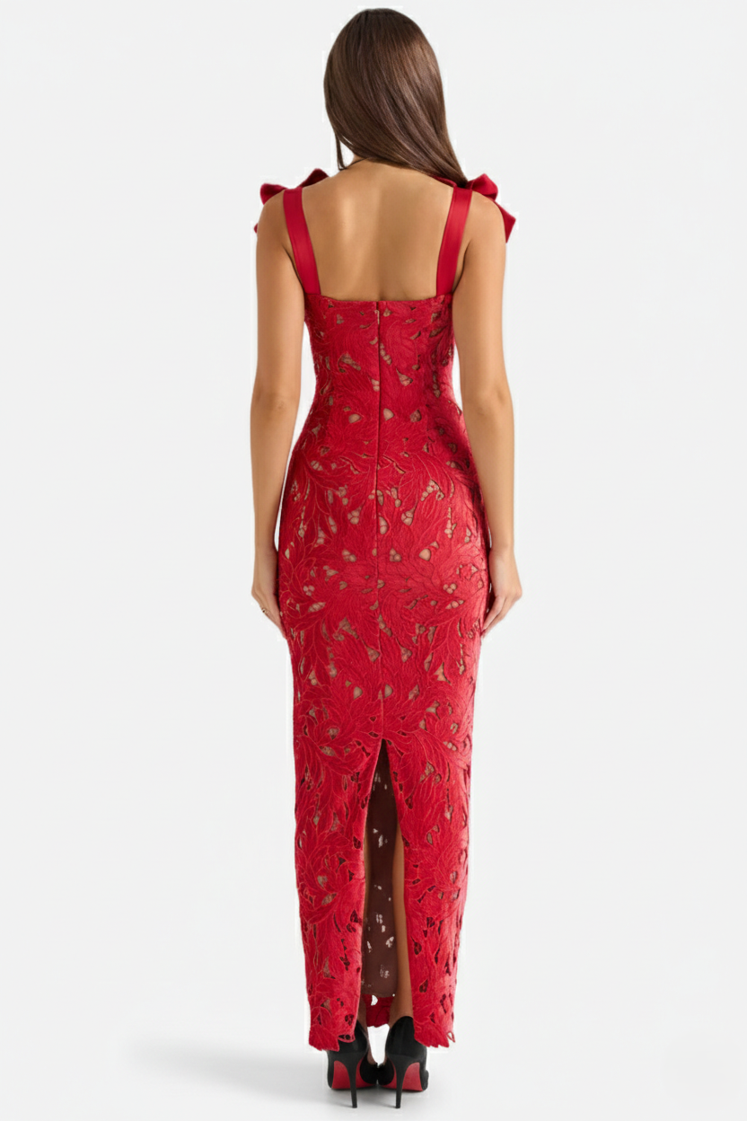 Lace Cutwork Bow Shoulder Bodycon Scalloped Hem Maxi Dress