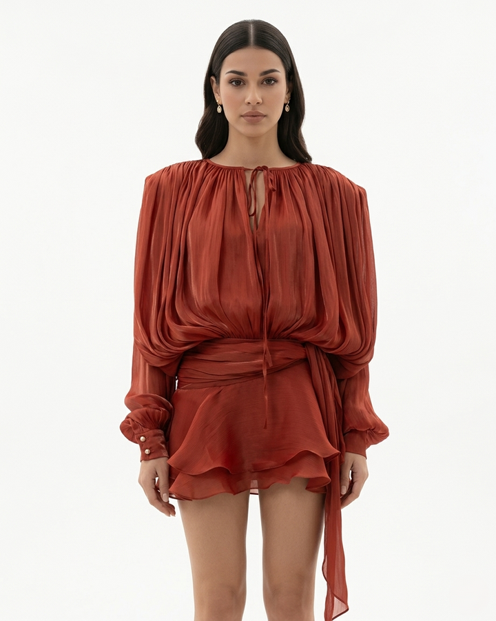 Mini Dress Tie Neck Long Sleeve Pleated Ruffle Hem
