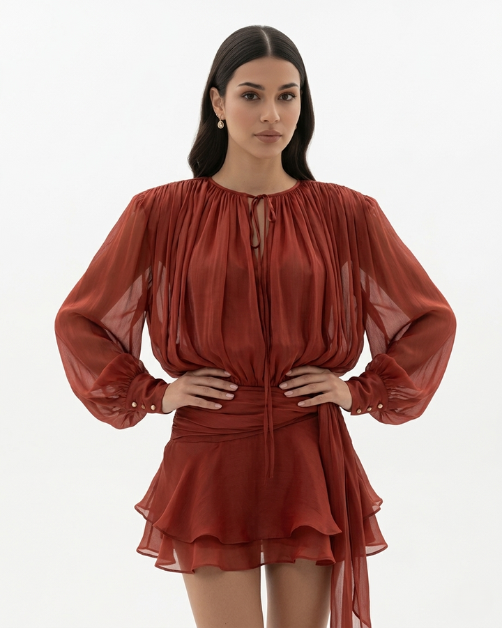 Mini Dress Tie Neck Long Sleeve Pleated Ruffle Hem