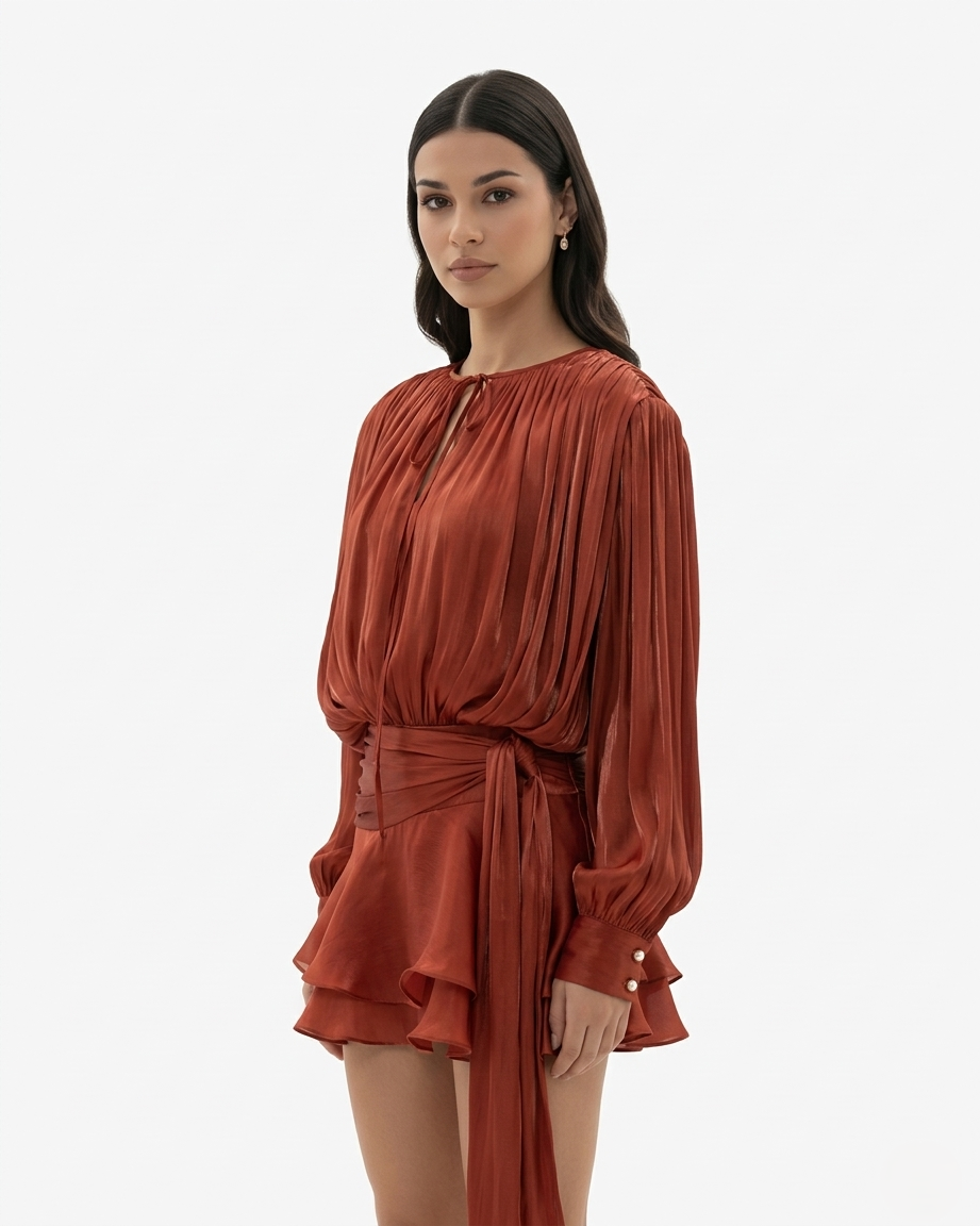 Mini Dress Tie Neck Long Sleeve Pleated Ruffle Hem