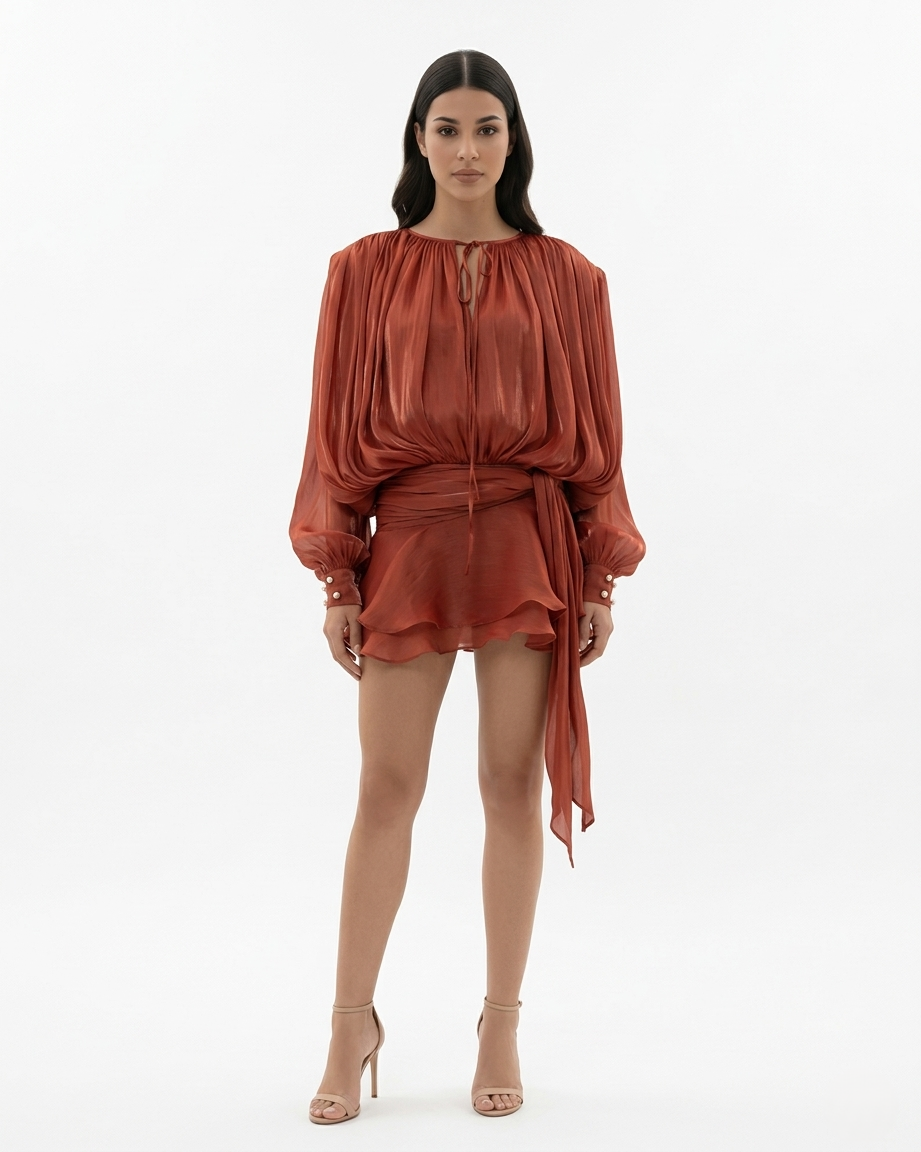Mini Dress Tie Neck Long Sleeve Pleated Ruffle Hem