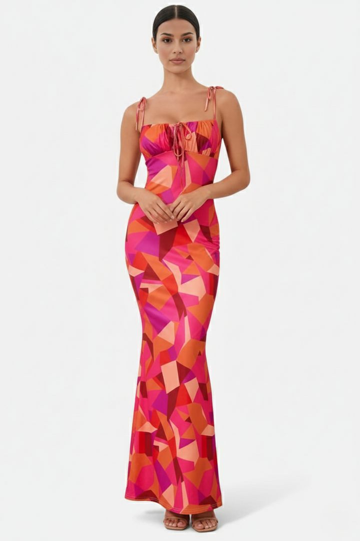 Floral Spaghetti Strap Bodycon Mermaid Maxi Dress Ruched Bodice