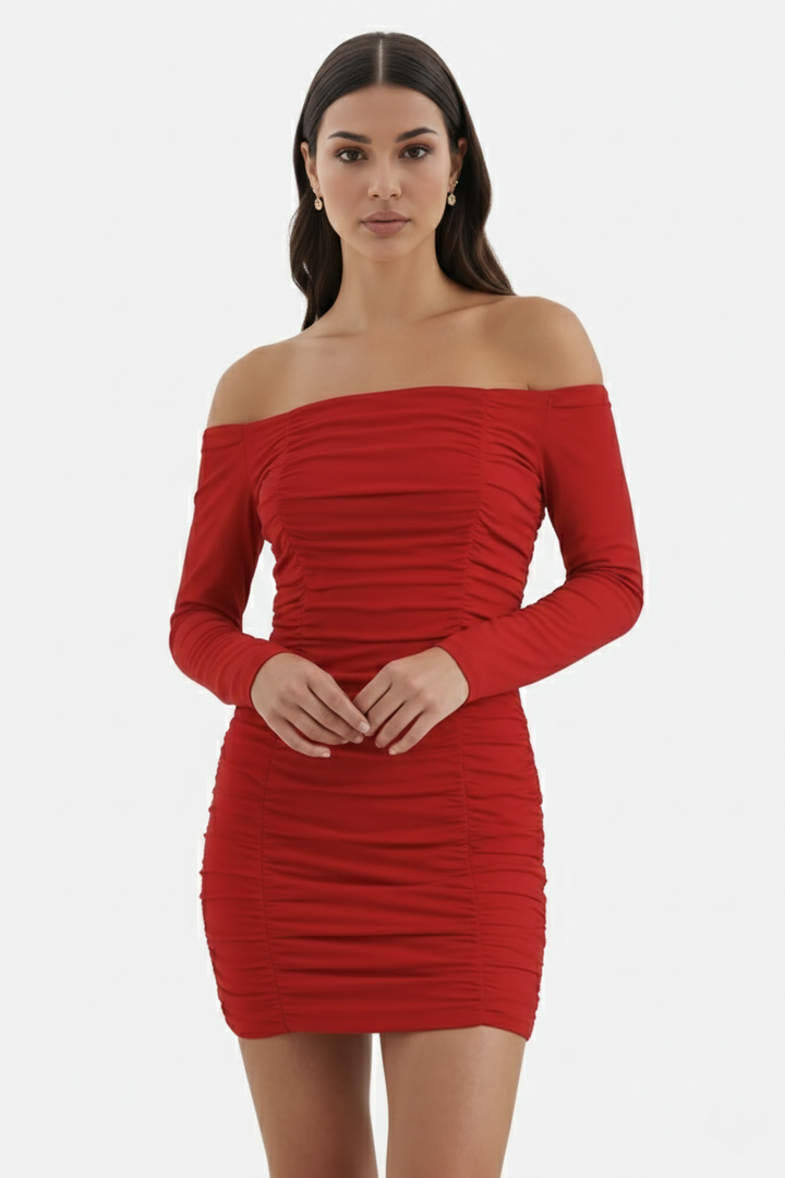 Ruched Off-Shoulder Long Sleeve Bodycon Mini Dress