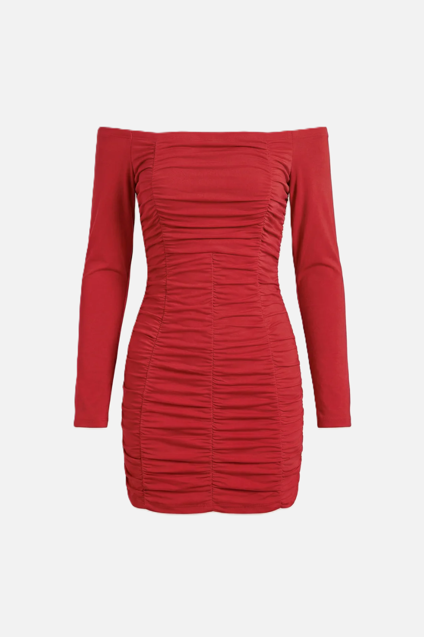Ruched Off-Shoulder Long Sleeve Bodycon Mini Dress