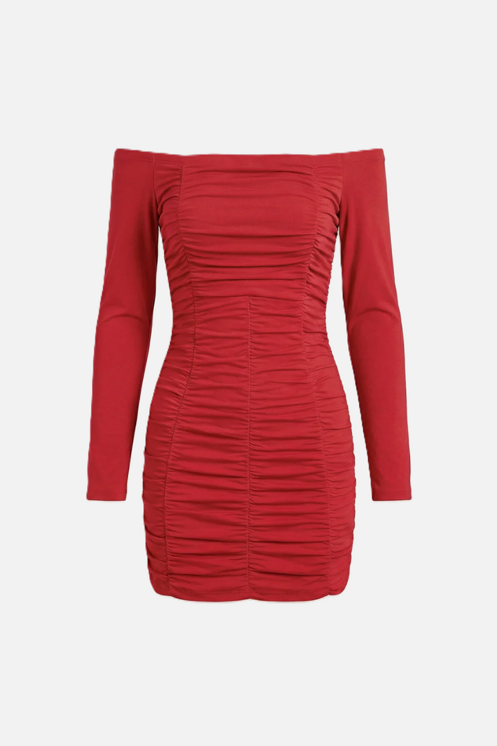Ruched Off-Shoulder Long Sleeve Bodycon Mini Dress