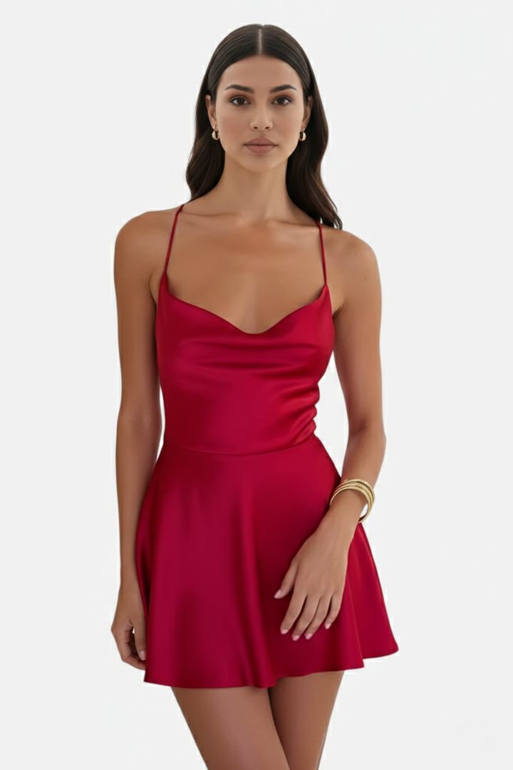 Satin Spaghetti Strap Tiered Mini Dress with Lace Up Back