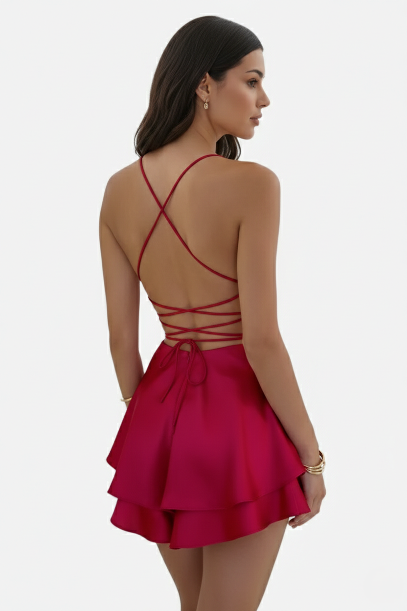 Satin Spaghetti Strap Tiered Mini Dress with Lace Up Back