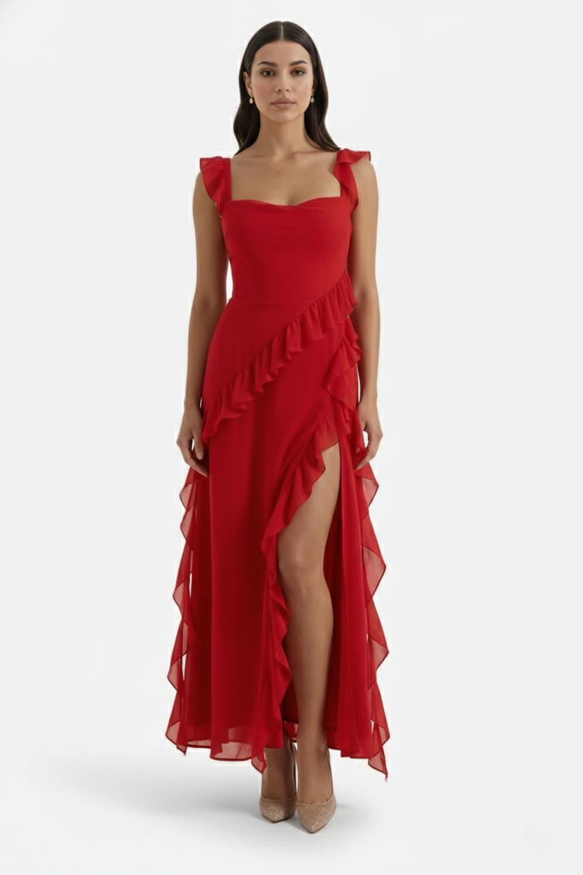 Sleeveless Ruffle Trim Maxi Dress with Front Slit