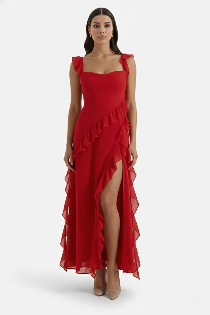 Sleeveless Ruffle Trim Maxi Dress with Front Slit