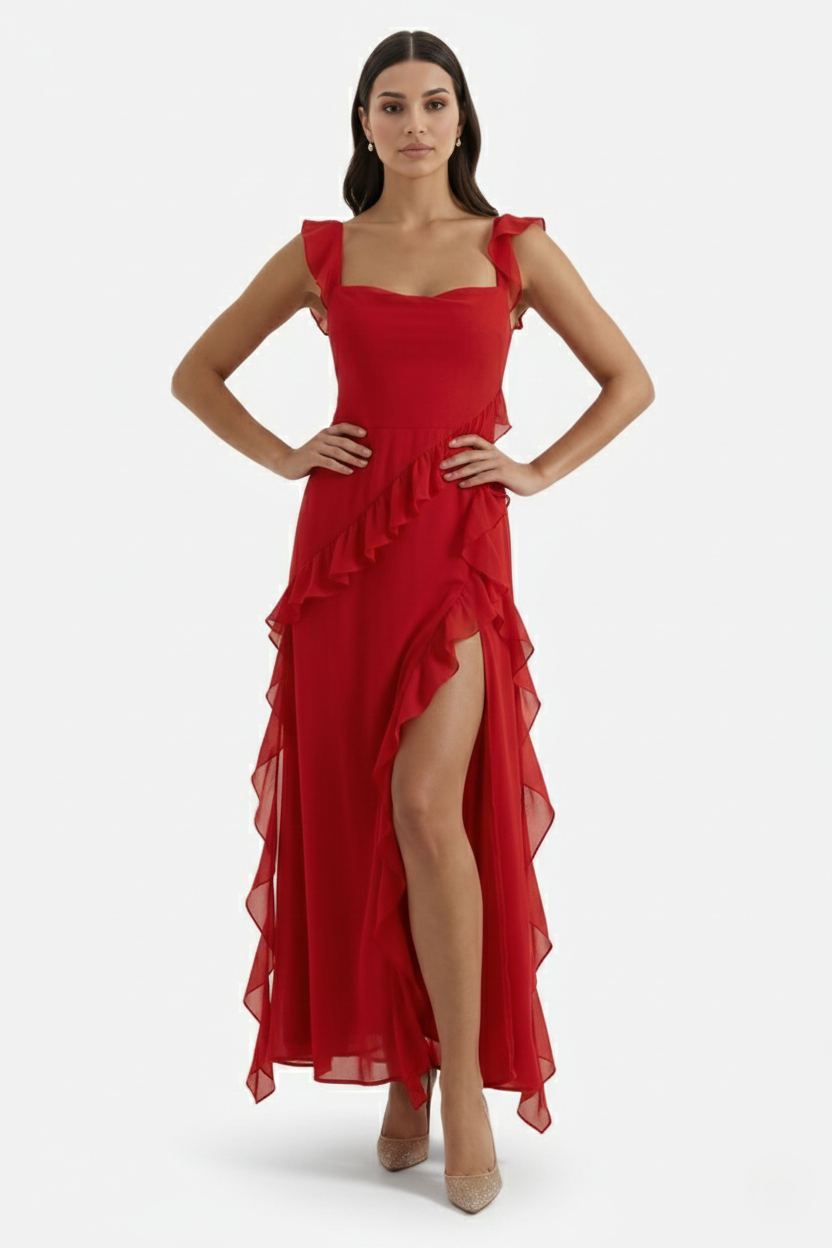 Sleeveless Ruffle Trim Maxi Dress with Front Slit
