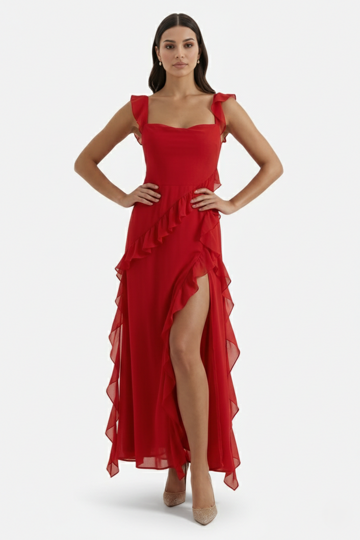 Sleeveless Ruffle Trim Maxi Dress with Front Slit