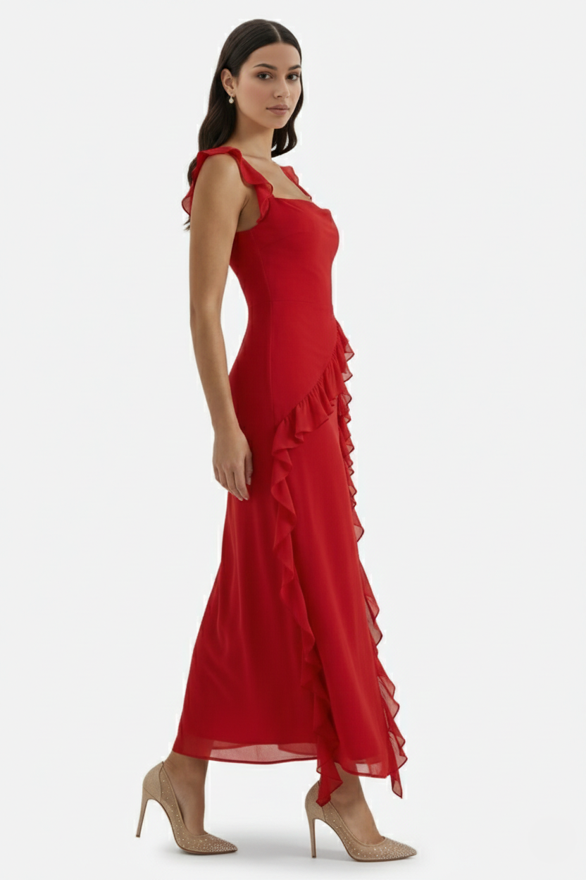 Sleeveless Ruffle Trim Maxi Dress with Front Slit